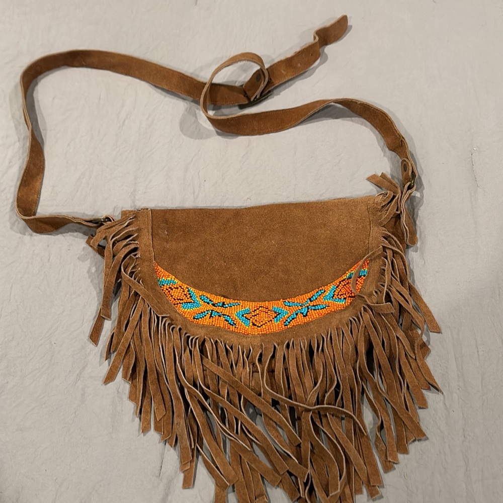 Fringed Tan Suede Crossbody Bag